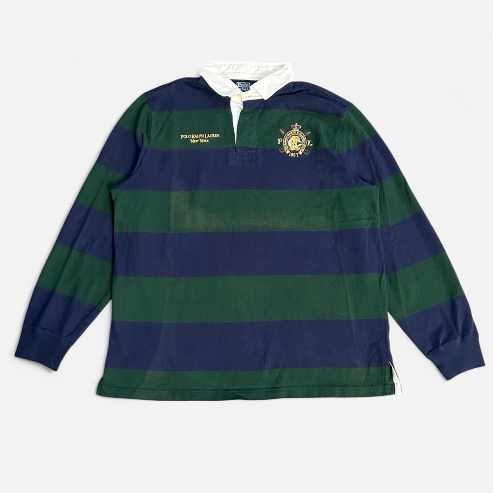 Vintage Polo by Ralph Lauren Green & Navy Striped Rugby Shirt with White Collar